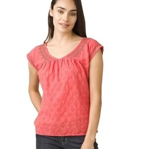 Prana Blossom V-neck Embroidered Top - Peach Gerberas - Women’s Size S